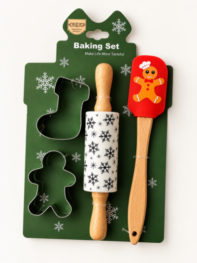Karácsonyi sütiszett – 2 db kiszúró + mini sodrófa +  mézis spatula
